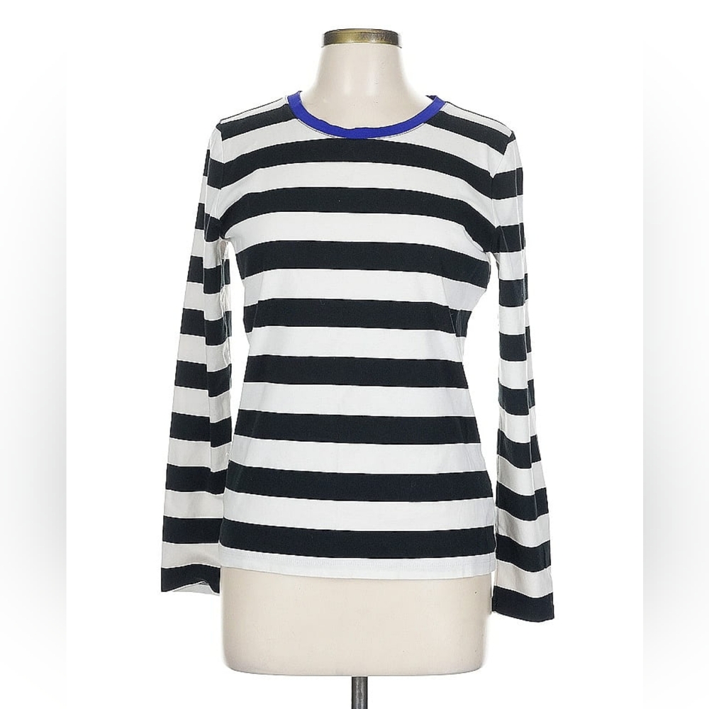 Ralph Lauren Black and White Fitted Ribbed Long Sleeve Tee Shirt Top Lg